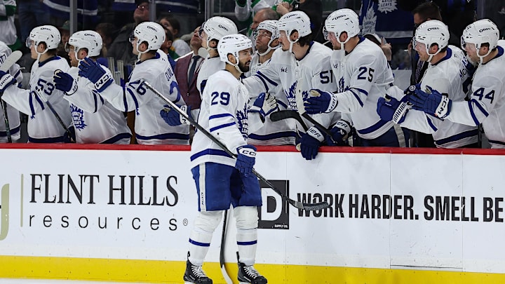 Mar 15, 2026; Saint Paul, Minnesota, USA; Toronto Maple Leafs center Benoit-Olivier Groulx (29) celebrates his goal during the second period at Grand Casino Arena. Mandatory Credit: Matt Krohn-Imagn Images