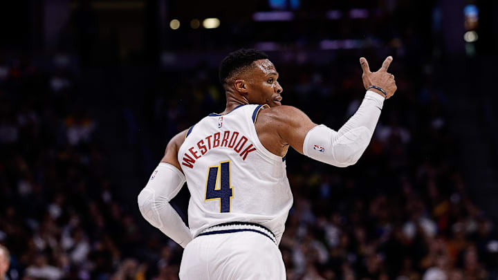 Denver Nuggets guard Russell Westbrook (4) gestures after a play in the third quarter against the Phoenix Suns at Ball Arena. Denver Nuggets guard Russell Westbrook (4) gestures after a play in the third quarter against the Phoenix Suns at Ball Arena.