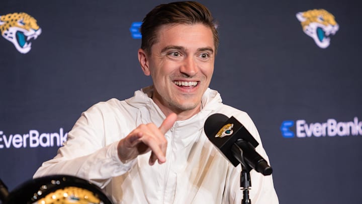 Apr 25, 2025; Jacksonville, FL, USA; Jacksonville Jaguars head general manager James Gladstone talks to the media during a press conference to introduce first round draft pick Travis Hunter (not pictured) at Miller Electric Center. Mandatory Credit: Travis Register-Imagn Images