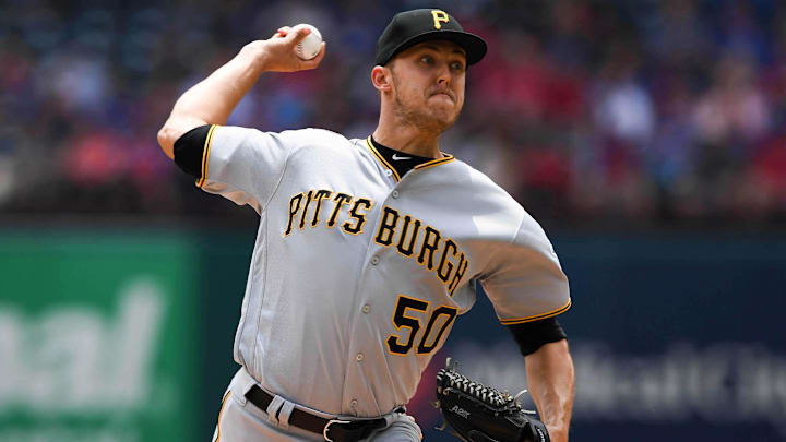 May 1, 2019; Arlington, TX, USA; Pittsburgh Pirates starting pitcher Jameson Taillon (50) delivers during the first inning against the Texas Rangers at Globe Life Park in Arlington. Mandatory Credit: Shanna Lockwood-Imagn Images