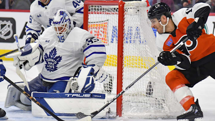 Mar 14, 2024; Philadelphia, Pennsylvania, USA; Toronto Maple Leafs goaltender Ilya Samsonov (35)