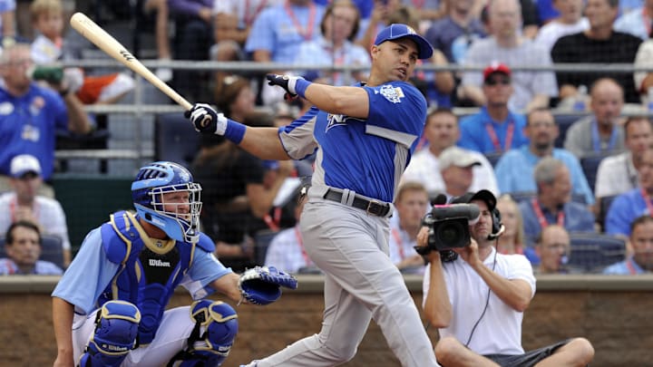 July 9, 2012; Kansas City, MO, USA; National League outfielder Carlos Beltran (3) of the St. Louis Cardinals at bat during the first round of the 2012 Home Run Derby 