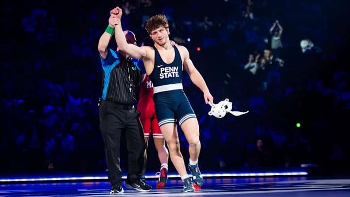 Penn State's Levi Haines defeats Nebraska's Christopher Minto in the 174-pound bout during a Big Ten dual meet. Penn State's Levi Haines defeats Nebraska's Christopher Minto in the 174-pound bout during a Big Ten dual meet.