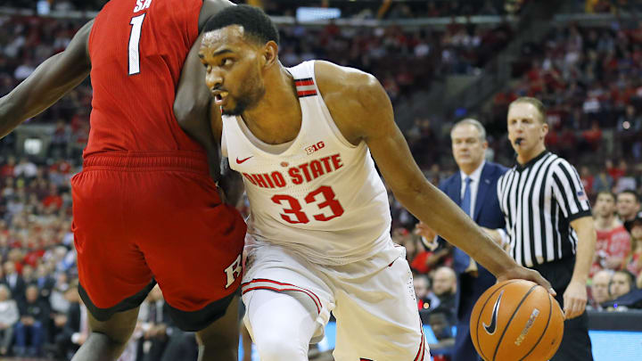 Feb 20, 2018; Columbus, OH, USA; Ohio State Buckeyes forward Keita Bates-Diop (33) is fouled by Rutgers Scarlet Knights forward Candido Sa (1) during the first half at Value City Arena. Mandatory Credit: Joe Maiorana-Imagn Images