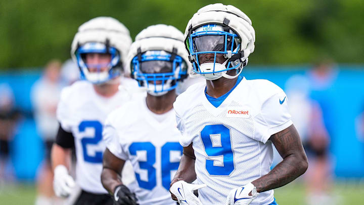 Detroit Lions cornerback Ennis Rakestraw Jr. (9) practices during training camp at Meijer Performance Center in Allen Park on Sunday, July 20, 2025.