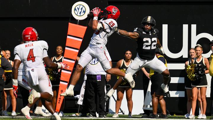 Sep 19, 2026; Nashville, Tennessee, USA; NC State Wolfpack running back RJ Boyd (29) intercepts a pass thrown by Vanderbilt Commodores quarterback Jared Curtis (2) during the second half at FirstBank Stadium. Mandatory Credit: Steve Roberts-Imagn Images Sep 19, 2026; Nashville, Tennessee, USA; NC State Wolfpack running back RJ Boyd (29) intercepts a pass thrown by Vanderbilt Commodores quarterback Jared Curtis (2) during the second half at FirstBank Stadium. Mandatory Credit: Steve Roberts-Imagn Images