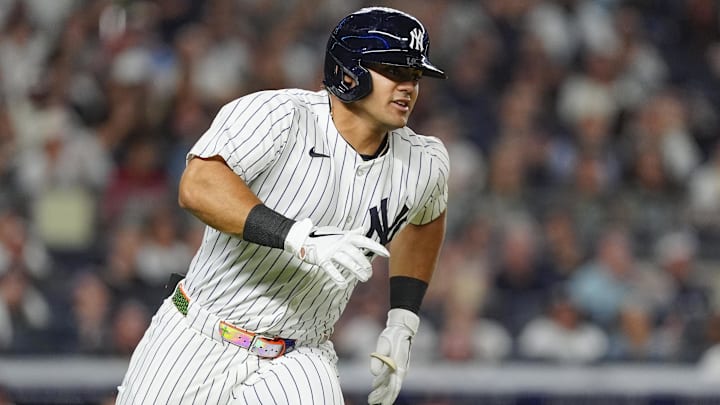 Sep 12, 2024; Bronx, New York, USA; New York Yankees left fielder Jasson Dominguez (89) runs out a single against the Boston Red Sox during the second inning at Yankee Stadium. Sep 12, 2024; Bronx, New York, USA; New York Yankees left fielder Jasson Dominguez (89) runs out a single against the Boston Red Sox during the second inning at Yankee Stadium.