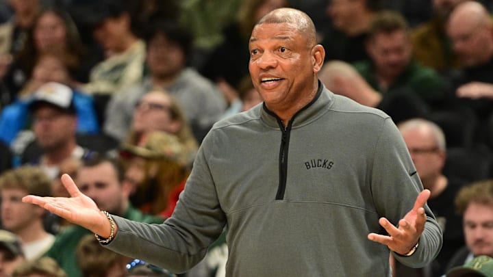 Feb 22, 2026; Milwaukee, Wisconsin, USA;  Milwaukee Bucks head coach Doc Rivers reacts in the second quarter against the Toronto Raptors at Fiserv Forum. Mandatory Credit: Benny Sieu-Imagn Images