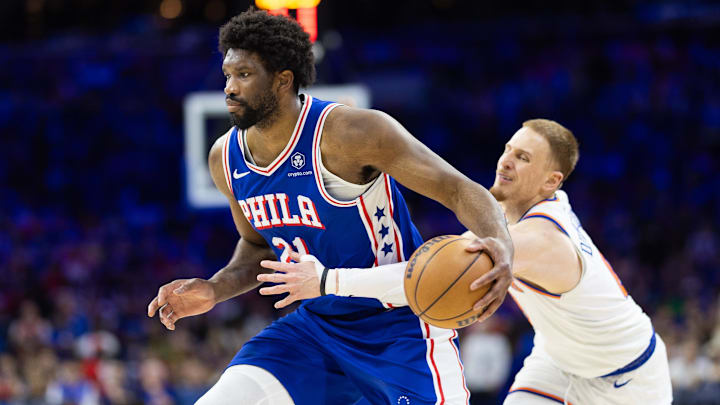 May 2, 2024; Philadelphia, Pennsylvania, USA; Philadelphia 76ers center Joel Embiid (21) drives May 2, 2024; Philadelphia, Pennsylvania, USA; Philadelphia 76ers center Joel Embiid (21) drives