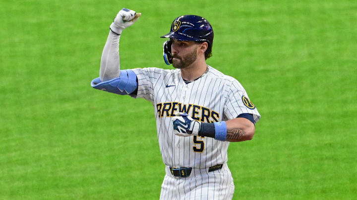 Mar 28, 2026; Milwaukee, Wisconsin, USA; Milwaukee Brewers center fielder Garrett Mitchell (5) reacts after driving in two runs with a base hit against the Chicago White Sox in the first inning at American Family Field. Mandatory Credit: Benny Sieu-Imagn Images Mar 28, 2026; Milwaukee, Wisconsin, USA; Milwaukee Brewers center fielder Garrett Mitchell (5) reacts after driving in two runs with a base hit against the Chicago White Sox in the first inning at American Family Field. Mandatory Credit: Benny Sieu-Imagn Images
