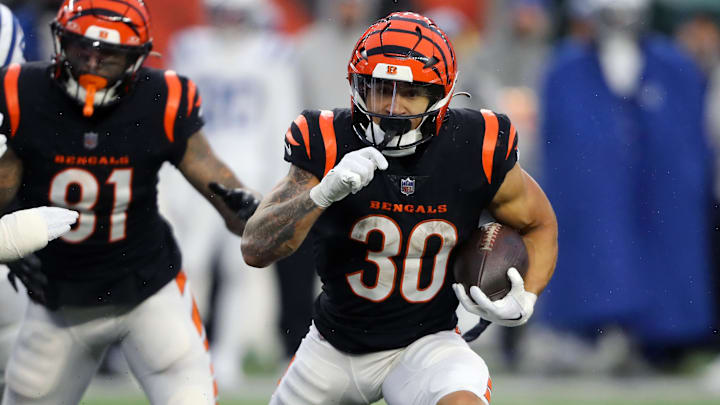 Dec 10, 2023; Cincinnati, Ohio, USA;  Cincinnati Bengals running back Chase Brown (30) runs the