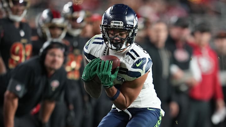 Jan 3, 2026; Santa Clara, California, USA; Seattle Seahawks wide receiver Jaxon Smith-Njigba (11) makes a catch against the San Francisco 49ers during the second half at Levi's Stadium. Mandatory Credit: Neville E. Guard-Imagn Images