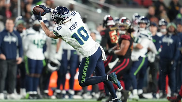 Jan 3, 2026; Santa Clara, California, USA; Seattle Seahawks wide receiver Cooper Kupp (10) makes a catch against the San Francisco 49ers during the second half at Levi's Stadium. Mandatory Credit: Neville E. Guard-Imagn Images