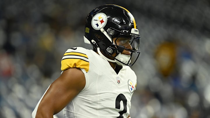 Aug 24, 2024; Detroit, Michigan, USA;  Pittsburgh Steelers quarterback Justin Fields (2) warms up before their game against the Detroit Lions at Ford Field. Mandatory Credit: Lon Horwedel-Imagn Images
