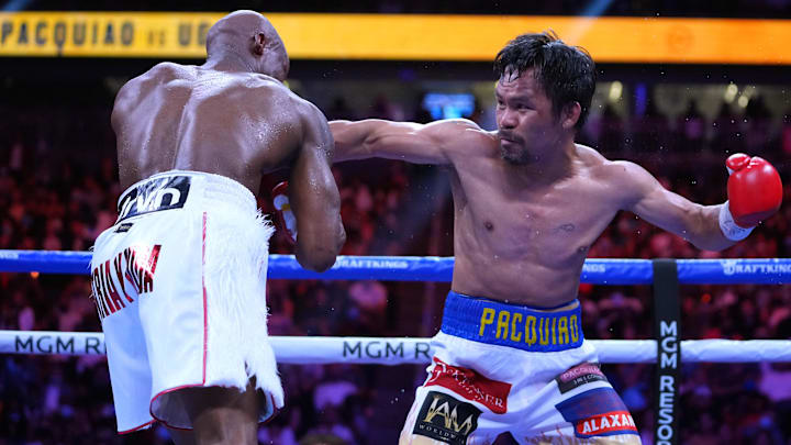 Manny Pacquiao fights Yordenis Ugas in a world welterweight championship bout at T-Mobile Arena. 