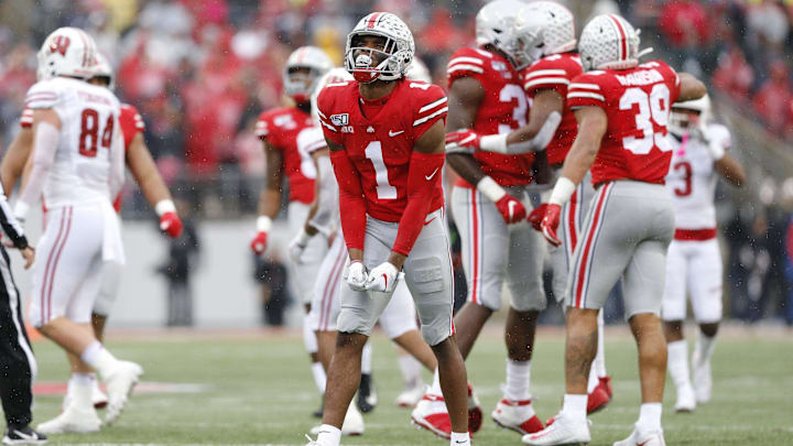 Ohio State Buckeyes cornerback Jeff Okudah celebrates a third down stop during the second quarter of the NCAA football game against the Wisconsin Badgers.

ghows-LK-200418814-a6384c09.jpg