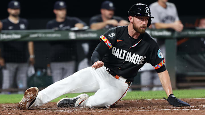 Sep 19, 2025; Baltimore, Maryland, USA; Baltimore Orioles third baseman Jordan Westburg (11) scores during the sixth inning against the New York Yankees at Oriole Park at Camden Yards. Mandatory Credit: Daniel Kucin Jr.-Imagn Images