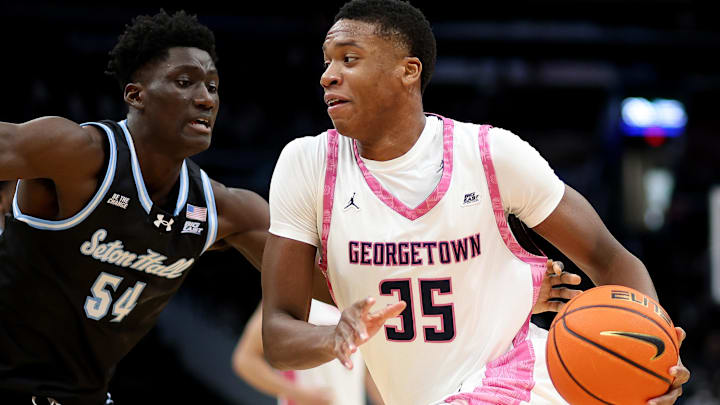 Feb 8, 2025; Washington, District of Columbia, USA; Georgetown Hoyas forward Thomas Sorber (35) drives past Seton Hall Pirates center Godswill Erheriene (54) during the first half at Capital One Arena. Mandatory Credit: Daniel Kucin Jr.-Imagn Images Feb 8, 2025; Washington, District of Columbia, USA; Georgetown Hoyas forward Thomas Sorber (35) drives past Seton Hall Pirates center Godswill Erheriene (54) during the first half at Capital One Arena. Mandatory Credit: Daniel Kucin Jr.-Imagn Images