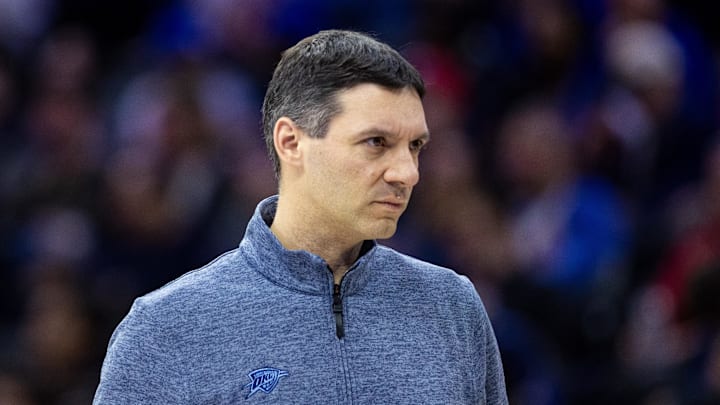 Jan 14, 2025; Philadelphia, Pennsylvania, USA; Oklahoma City Thunder head coach Mark Daigneault looks on during the third quarter against the Philadelphia 76ers at Wells Fargo Center. Mandatory Credit: Bill Streicher-Imagn Images