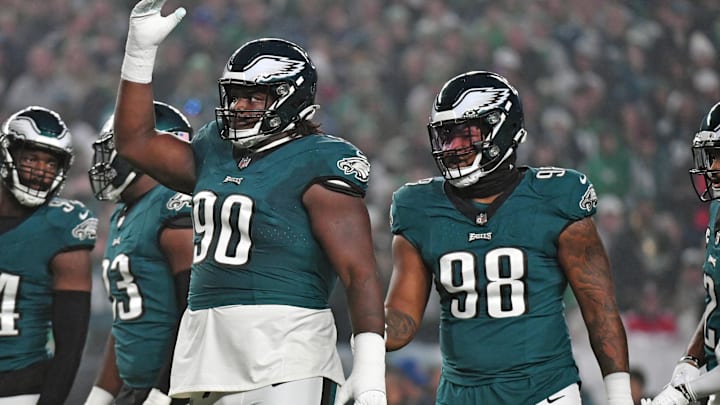 Dec 3, 2023; Philadelphia, Pennsylvania, USA; Philadelphia Eagles defensive tackle Jordan Davis (90) and  defensive tackle Jalen Carter (98) against the San Francisco 49ers at Lincoln Financial Field. Mandatory Credit: Eric Hartline-Imagn Images