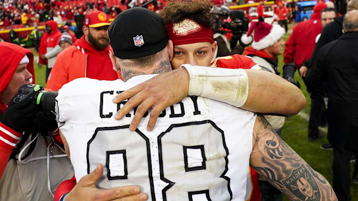 Dec 25, 2023; Kansas City, Missouri, USA; Kansas City Chiefs quarterback Patrick Mahomes (15) greets