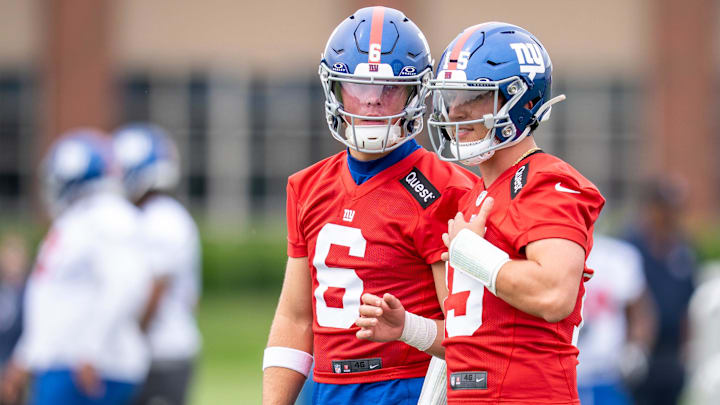 NY Giants quarterbacks Jaxson Dart and Tommy DeVito are shown during a practice at Quest Diagnostics Training Center, East Rutherford, NJ, May 28, 2025.