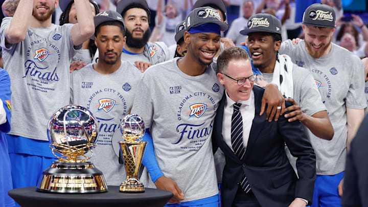 May 28, 2025; Oklahoma City, Oklahoma, USA; Oklahoma City Thunder guard Shai Gilgeous-Alexander hugs Oklahoma City Thunder executive vice president and general manager Sam Presti after their team defeated the Minnesota Timberwolves in game five of the western conference finals for the 2025 NBA Playoffs at Paycom Center. Mandatory Credit: Alonzo Adams-Imagn Images May 28, 2025; Oklahoma City, Oklahoma, USA; Oklahoma City Thunder guard Shai Gilgeous-Alexander hugs Oklahoma City Thunder executive vice president and general manager Sam Presti after their team defeated the Minnesota Timberwolves in game five of the western conference finals for the 2025 NBA Playoffs at Paycom Center. Mandatory Credit: Alonzo Adams-Imagn Images
