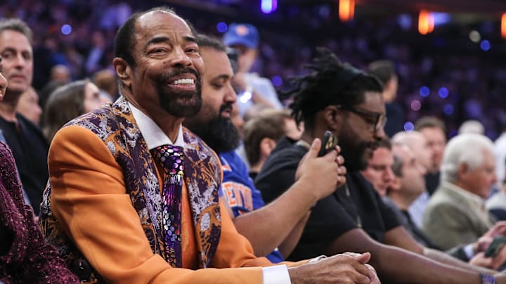 May 10, 2023; New York, New York, USA; Former NBA guard Walt Frazier at game five of the 2023 NBA playoffs between the Miami Heat and New York Knicks at Madison Square Garden. Mandatory Credit: Wendell Cruz-Imagn Images