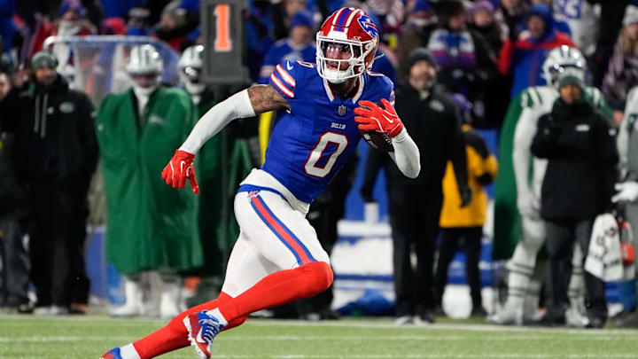 Buffalo Bills wide receiver Keon Coleman (0) carries the ball against the New York Jets during the third quarter at Highmark Stadium. Buffalo Bills wide receiver Keon Coleman (0) carries the ball against the New York Jets during the third quarter at Highmark Stadium.