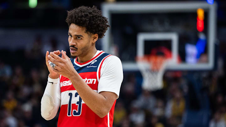 Apr 8, 2025; Indianapolis, Indiana, USA; Washington Wizards guard Jordan Poole (13) in the first half against the Indiana Pacers at Gainbridge Fieldhouse. Mandatory Credit: Trevor Ruszkowski-Imagn Images Apr 8, 2025; Indianapolis, Indiana, USA; Washington Wizards guard Jordan Poole (13) in the first half against the Indiana Pacers at Gainbridge Fieldhouse. Mandatory Credit: Trevor Ruszkowski-Imagn Images