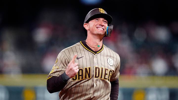 Sep 15, 2026; Denver, Colorado, USA;  San Diego Padres designated hitter Austin Hays (15) reacts after hitting a solo home run in the fifth inning against the Colorado Rockies at Coors Field.  Mandatory Credit: Ron Chenoy-Imagn Images