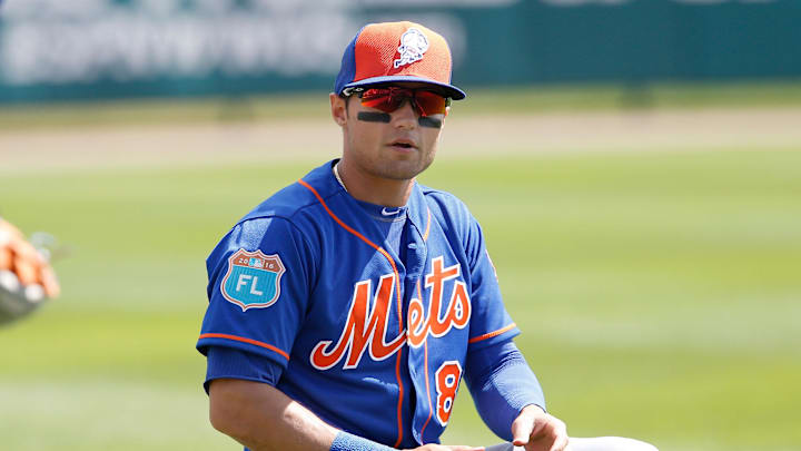 Mar 8, 2016; Lake Buena Vista, FL, USA; New York Mets relief pitcher Zach Thornton (80) stretches the first inning of a spring training baseball game against the Atlanta Braves at Champion Stadium. Mandatory Credit: Reinhold Matay-Imagn Images