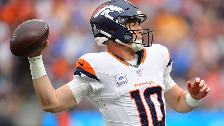 Oct 11, 2026; Inglewood, California, USA;  Denver Broncos quarterback Bo Nix (10) throws a pass against the Los Angeles Chargers during the first half at SoFi Stadium.  Mandatory Credit: Gary A. Vasquez-Imagn Images