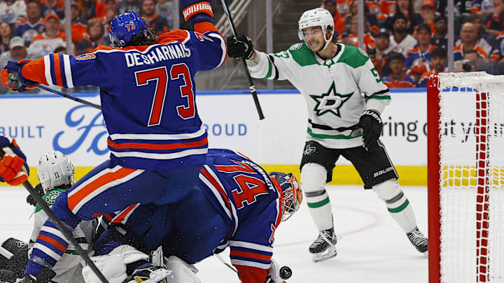 Dallas Stars forward Wyatt Johnson (53) celebrates his goal against the Edmonton Oilers.