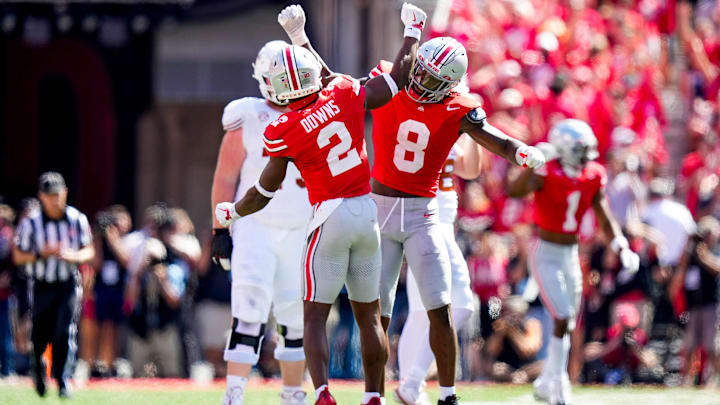 Ohio State Buckeyes safety Caleb Downs (2) and linebacker Arvell Reese (8) celebrate in the second half at Ohio Stadium on Saturday, Aug. 30, 2025 in Columbus, Ohio.