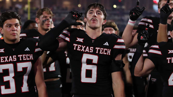 Sep 28, 2024; Lubbock, Texas, USA;  Texas Tech Red Raiders defensive back John Curry (6) after the game against the Cincinnati Bearcats at Jones AT&T Stadium and Cody Campbell Field. Mandatory Credit: Michael C. Johnson-Imagn Images