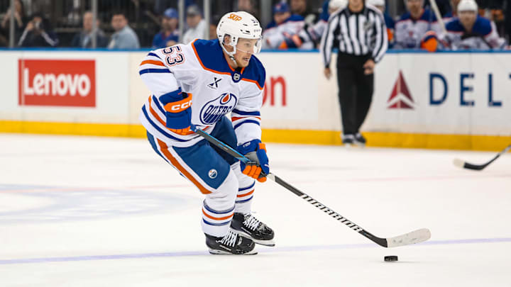 Edmonton Oilers left wing Jeff Skinner skates with the puck against the New York Rangers.