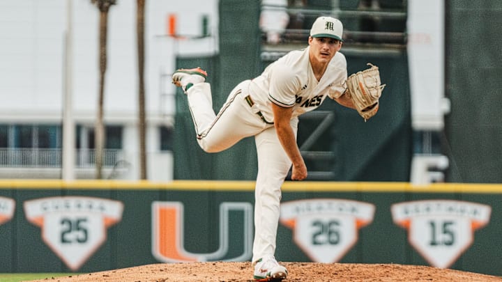 Miami Hurricanes freshman right-handed pitcher AJ Ciscar throwing a strike against No. 13 NC State.