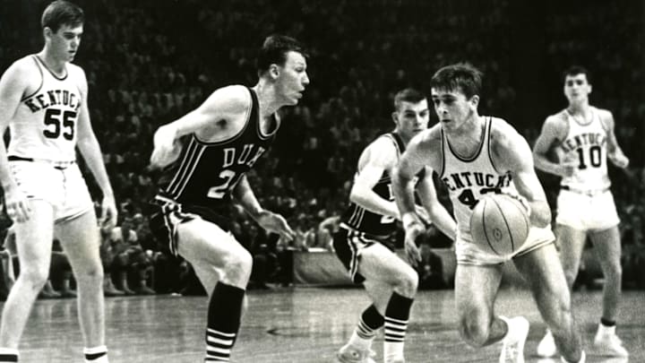 Mar 18, 1966; College Park, MD, USA; FILE PHOTO; Kentucky Wildcats guard Pat Riley (42) drives against Duke Blue Devils guard Jack Marin (24) during the 1966 Final Four semi-finals at Cole Fieldhouse. Mandatory Credit: Malcolm Emmons-Imagn Images Mar 18, 1966; College Park, MD, USA; FILE PHOTO; Kentucky Wildcats guard Pat Riley (42) drives against Duke Blue Devils guard Jack Marin (24) during the 1966 Final Four semi-finals at Cole Fieldhouse. Mandatory Credit: Malcolm Emmons-Imagn Images