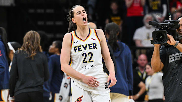 May 4, 2025; Iowa City, IA, USA; Indiana Fever guard Caitlin Clark (22) reacts during the third quarter against the Brazil National Team at Carver-Haweye Arena. Mandatory Credit: Jeffrey Becker-Imagn Images