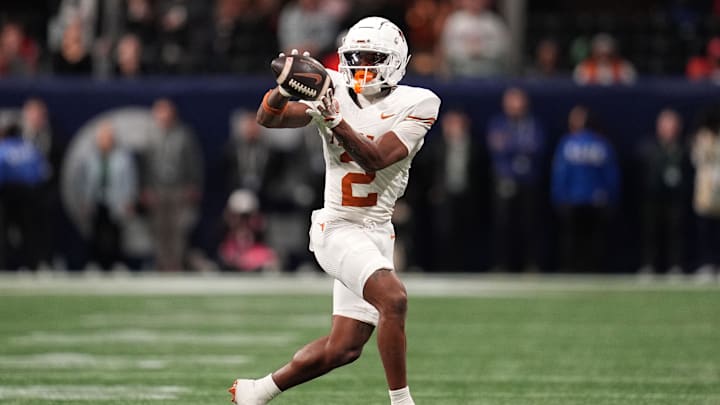 Dec 7, 2024; Atlanta, GA, USA; Texas Longhorns wide receiver Matthew Golden (2) makes a catch against the Georgia Bulldogs during the second half in the 2024 SEC Championship game at Mercedes-Benz Stadium. Mandatory Credit: Dale Zanine-Imagn Images