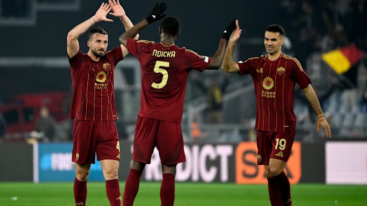 Bryan Cristante, Evan N'Dicka and Mehmet Zeki Celik of AS...