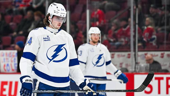 Jan 21, 2025; Montreal, Quebec, CAN; Tampa Bay Lightning center Conor Geekie (14) during warm-ups before a game against the Montreal Canadiens at Bell Centre. Mandatory Credit: David Kirouac-Imagn Images