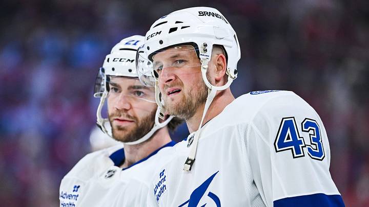 Apr 26, 2026; Montreal, Quebec, CAN; Tampa Bay Lightning defenseman Darren Raddysh (43) looks on beside center Brayden Point (21) during warm-up before the game against the Montreal Canadiens in game four of the first round of the 2026 Stanley Cup Playoffs at Bell Centre. Mandatory Credit: David Kirouac-Imagn Images Apr 26, 2026; Montreal, Quebec, CAN; Tampa Bay Lightning defenseman Darren Raddysh (43) looks on beside center Brayden Point (21) during warm-up before the game against the Montreal Canadiens in game four of the first round of the 2026 Stanley Cup Playoffs at Bell Centre. Mandatory Credit: David Kirouac-Imagn Images