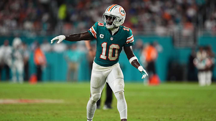 Sep 12, 2024; Miami Gardens, Florida, USA; Miami Dolphins wide receiver Tyreek Hill (10) lines up prior to a play during the second half against the Buffalo Bills at Hard Rock Stadium. Mandatory Credit: Jasen Vinlove-Imagn Images Sep 12, 2024; Miami Gardens, Florida, USA; Miami Dolphins wide receiver Tyreek Hill (10) lines up prior to a play during the second half against the Buffalo Bills at Hard Rock Stadium. Mandatory Credit: Jasen Vinlove-Imagn Images