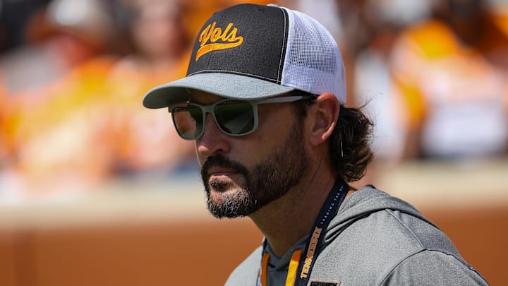Tennessee Volunteers head baseball coach Tony Vitello watches the football game between the Tennessee Volunteers and the UAB Blazers during the second quarter at Neyland Stadium. 