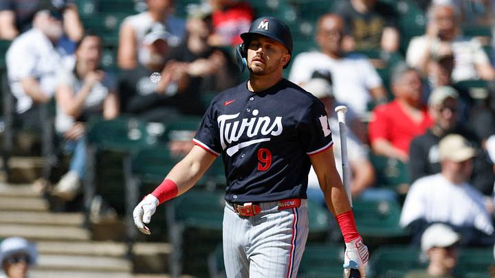 May 28, 2026; Chicago, Illinois, USA; Minnesota Twins left fielder Trevor Larnach (9) reacts after striking out against the Chicago White Sox during the eighth inning at Rate Field. Mandatory Credit: Kamil Krzaczynski-Imagn Images