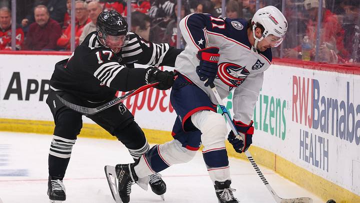 Columbus Blue Jackets left wing Miles Wood (11) plays the puck as New Jersey Devils defenseman Simon Nemec (17) defends: Ed Mulholland-Imagn Images Columbus Blue Jackets left wing Miles Wood (11) plays the puck as New Jersey Devils defenseman Simon Nemec (17) defends: Ed Mulholland-Imagn Images