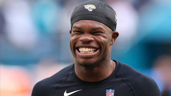 Oct 11, 2026; Tottenham, ENG;  Jacksonville Jaguars wide receiver Travis Hunter (12) warms up before the game against the Philadelphia Eagles at Tottenham Hotspur Stadium.  Mandatory Credit: Nathan Ray Seebeck-Imagn Images