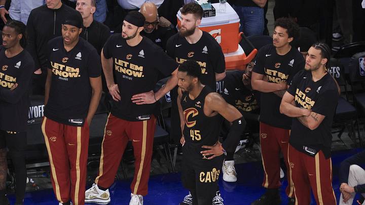 May 19, 2026; New York, New York, USA; Cleveland Cavaliers guard Donovan Mitchell (45) reacts with teammates after losing to the New York Knicks in overtime of game one of the eastern conference finals for the 2026 NBA playoffs at Madison Square Garden. Mandatory Credit: Vincent Carchietta-Imagn Images May 19, 2026; New York, New York, USA; Cleveland Cavaliers guard Donovan Mitchell (45) reacts with teammates after losing to the New York Knicks in overtime of game one of the eastern conference finals for the 2026 NBA playoffs at Madison Square Garden. Mandatory Credit: Vincent Carchietta-Imagn Images
